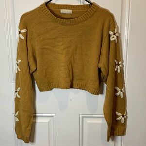 Altar'd State Mustard Cropped Long Sleeve Sweater with Cream Floral Accents Sz S